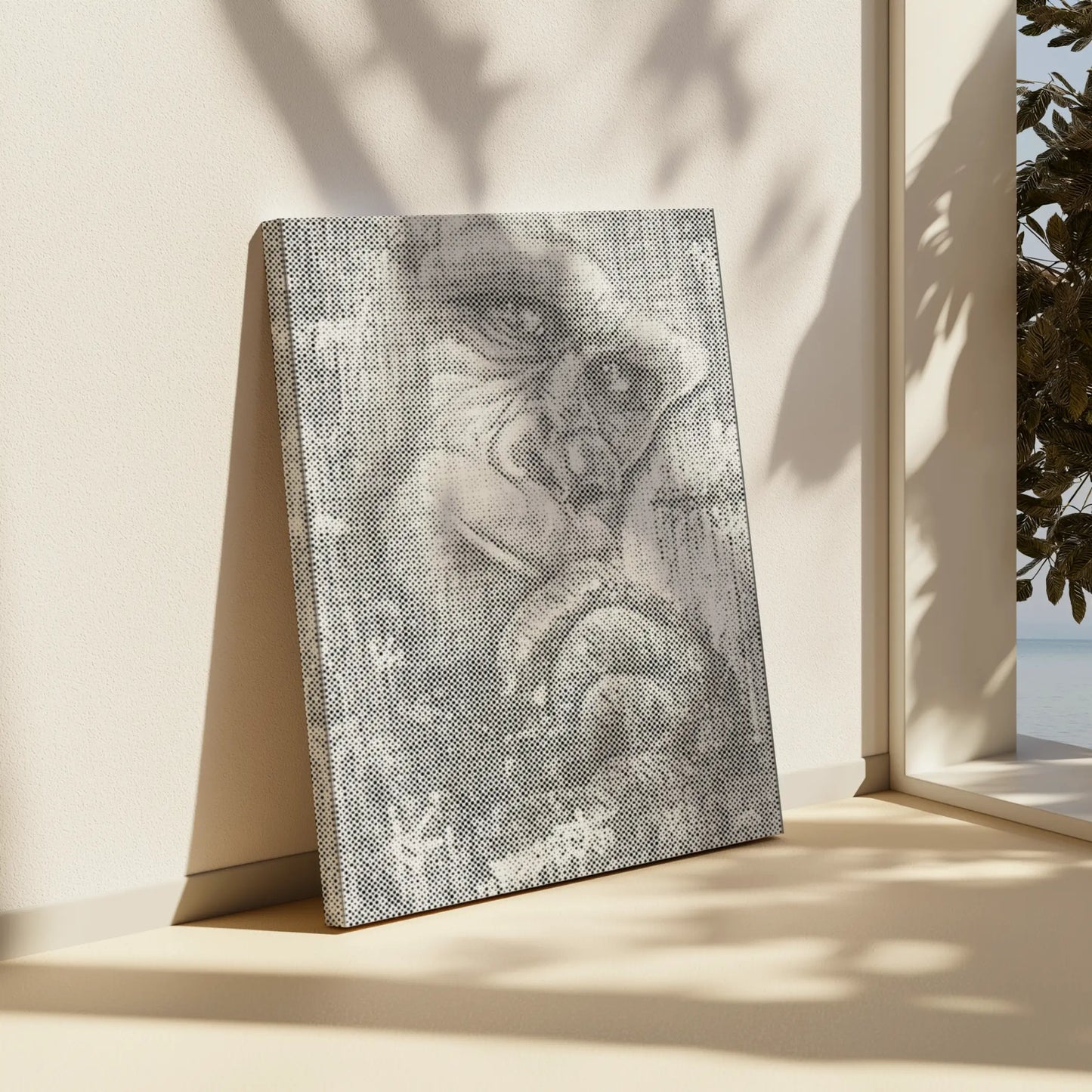 Canvas print of a monkey's face on a beige surface with a window and plant in the background. The Thinking Gorilla | Dot Painting Kit