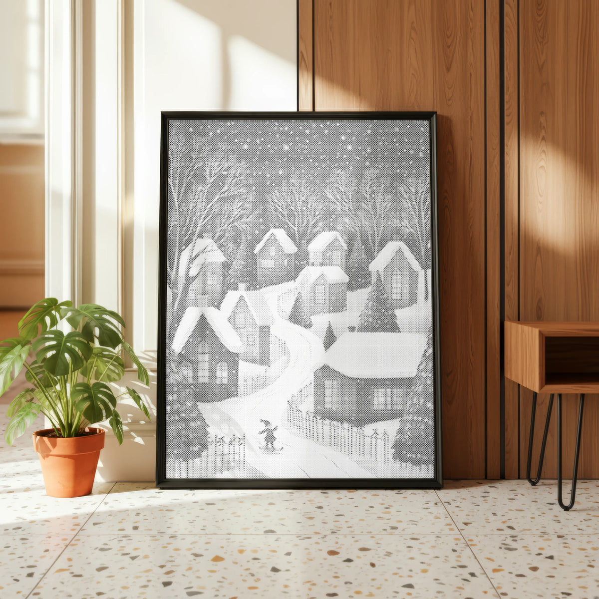 Winter Village with Skier | Dot Painting Kit finished dot painting artwork