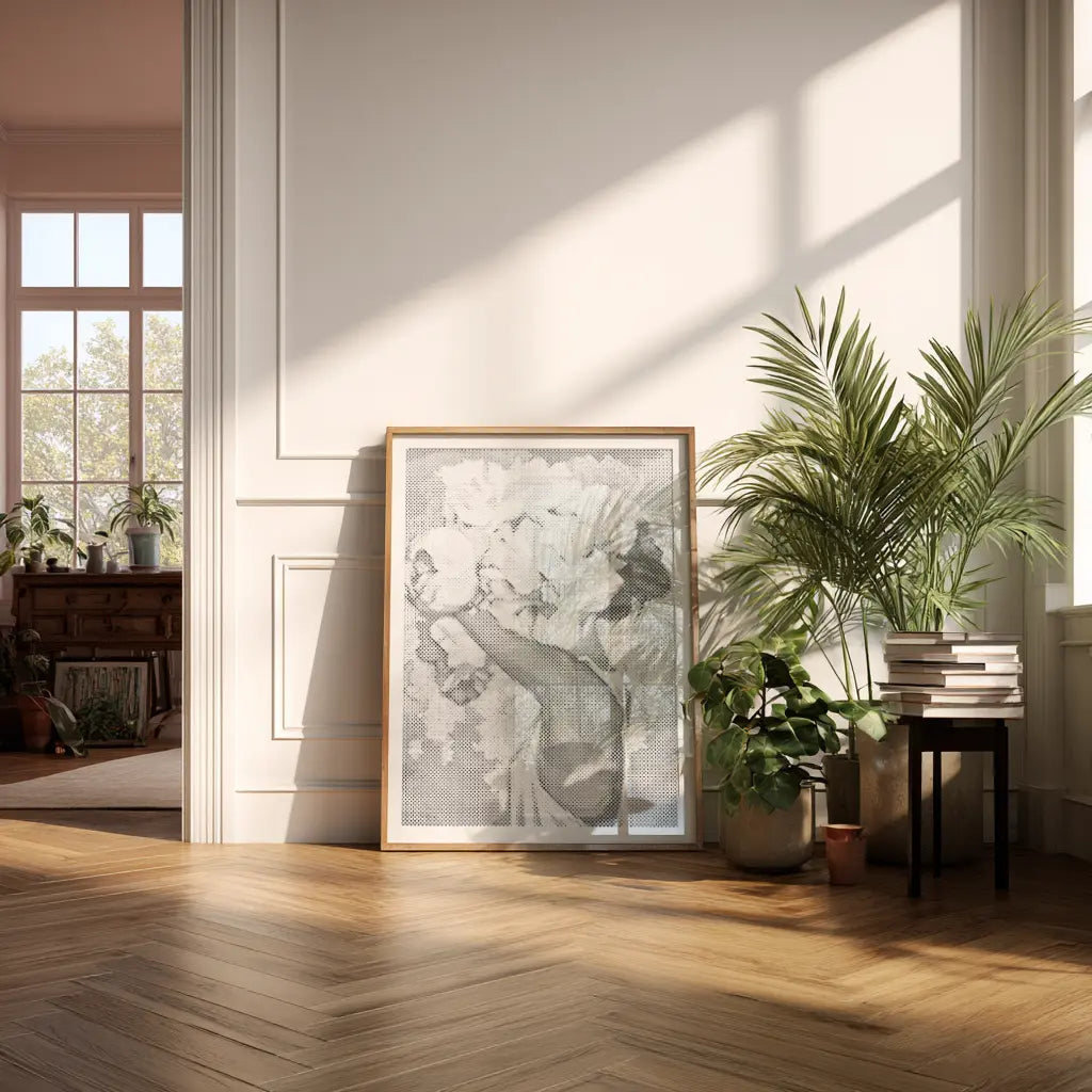 Decorative floral print in a gold frame on a wall with natural light and plants in a room.