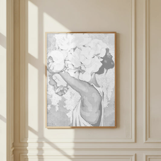 Framed black and white abstract artwork on a beige wall Woman with Flower Crown | Dot Painting Kit