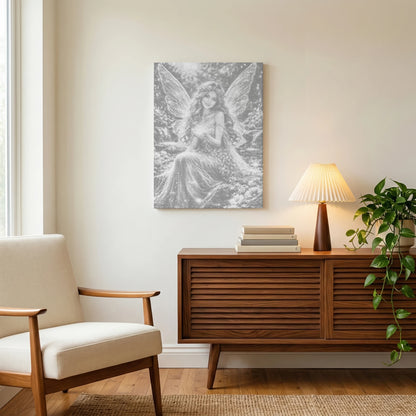 A Whisper of Magic fairy dot painting canvas above a wooden sideboard in a warm living room.