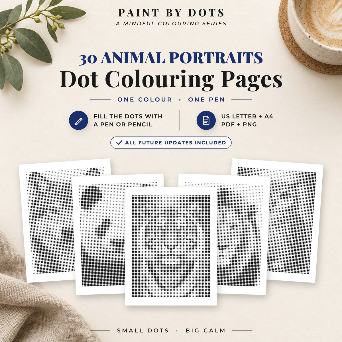 Animal Portraits dot colouring pages cover with 30 printable dot painting designs