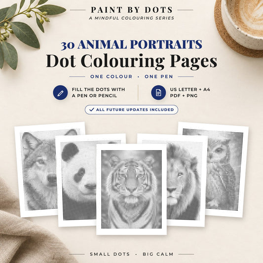 Animal Portraits dot colouring pages cover with 30 printable dot painting designs