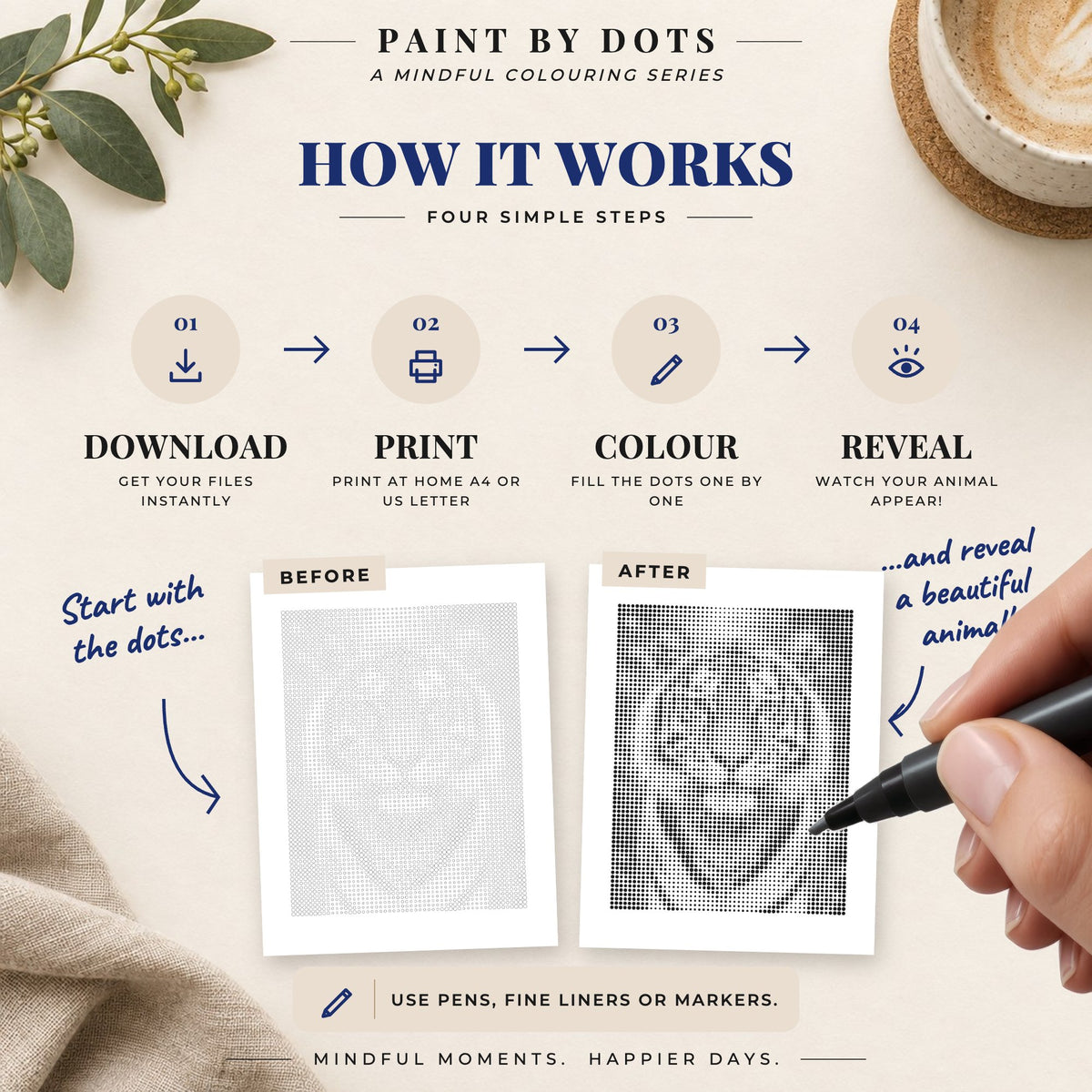 How to download, print and fill the circles in the Animal Portraits dot painting book