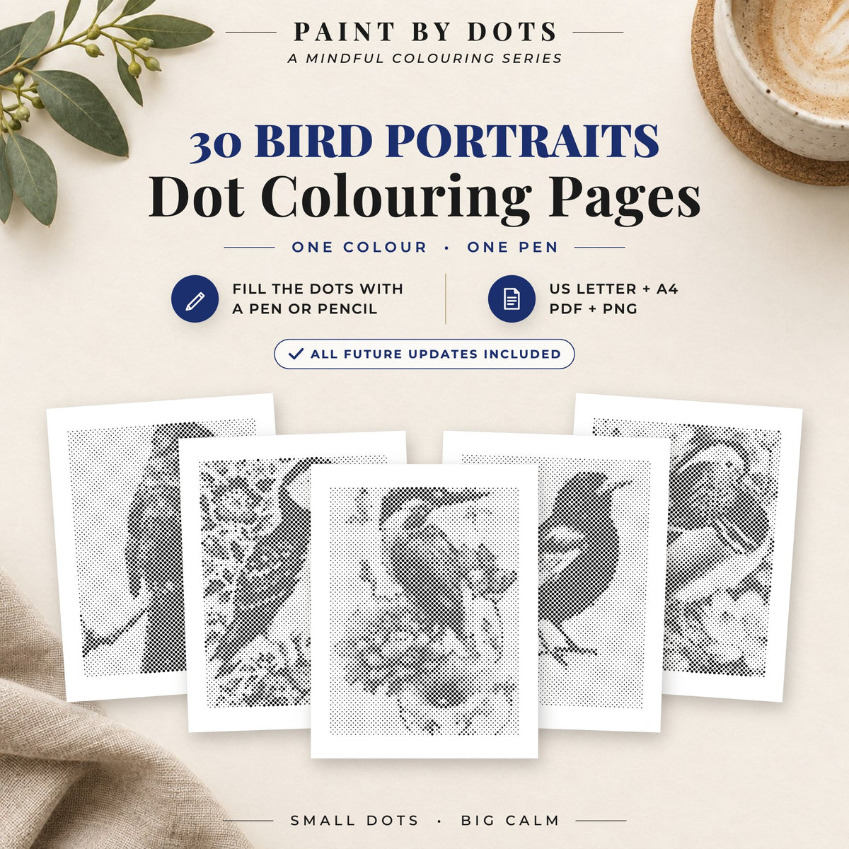 Bird Portraits dot colouring pages cover with 30 printable dot painting designs