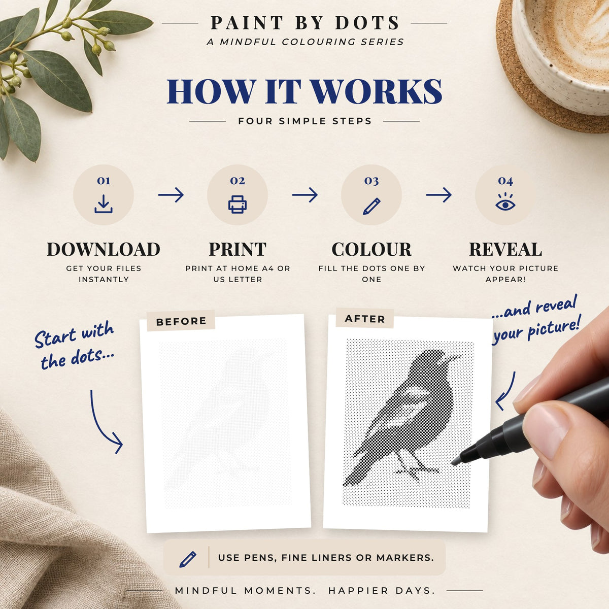 How to download, print and fill the circles in the Bird Portraits dot painting book