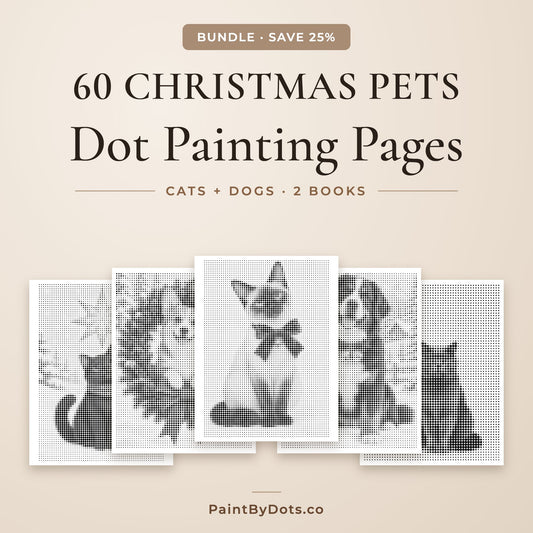 Christmas Pets dot painting bundle with 60 printable pages from 2 books