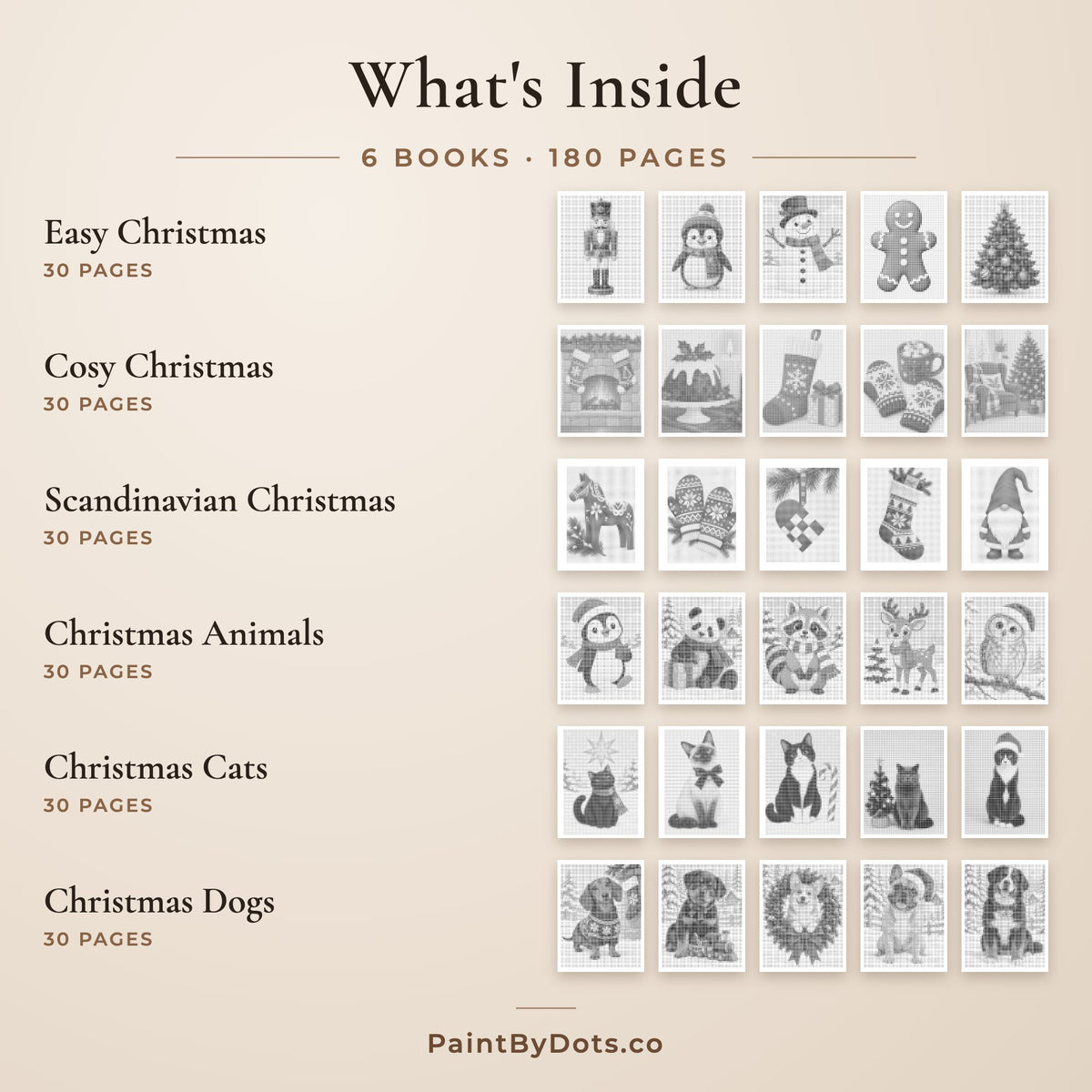 What's inside the Complete Christmas Collection dot painting bundle: Easy Christmas, Cosy Christmas, Scandinavian Christmas, Christmas Animals, Christmas Cats and Christmas Dogs