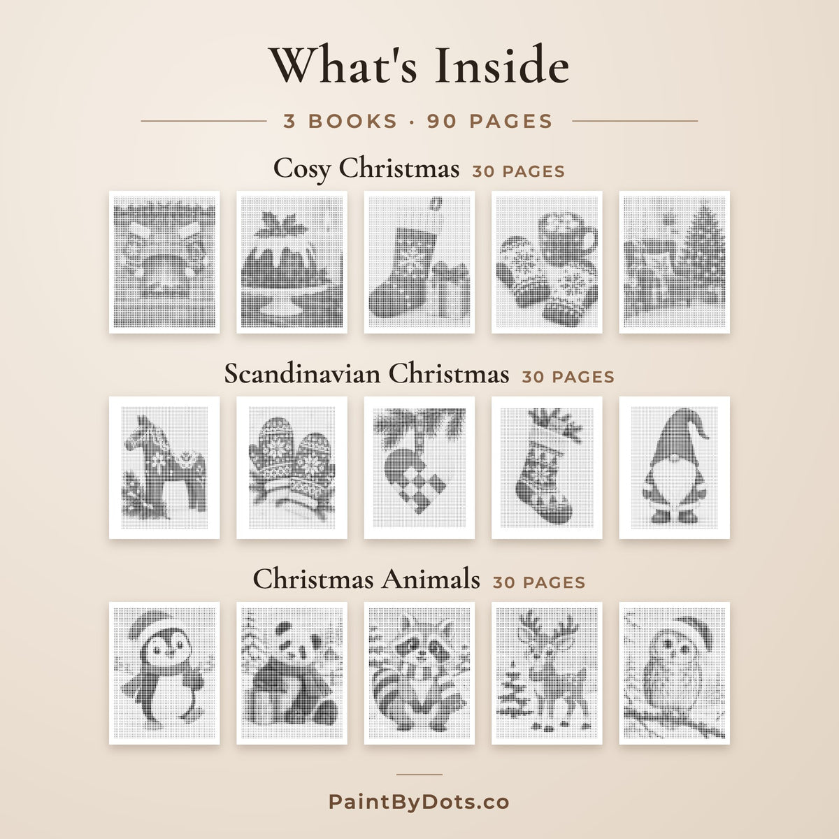 What's inside the Cosy Nordic Christmas dot painting bundle: Cosy Christmas, Scandinavian Christmas and Christmas Animals