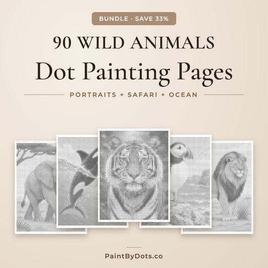 Wild Animals dot painting bundle with 90 printable pages from 3 books
