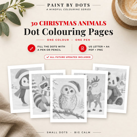 Christmas Animals dot colouring pages cover with 30 printable dot painting designs