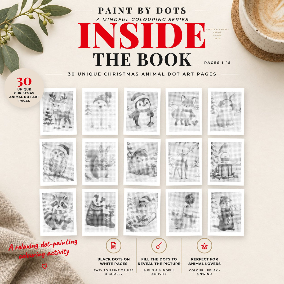 Preview of Christmas Animals printable dot painting designs, pages 1 to 15