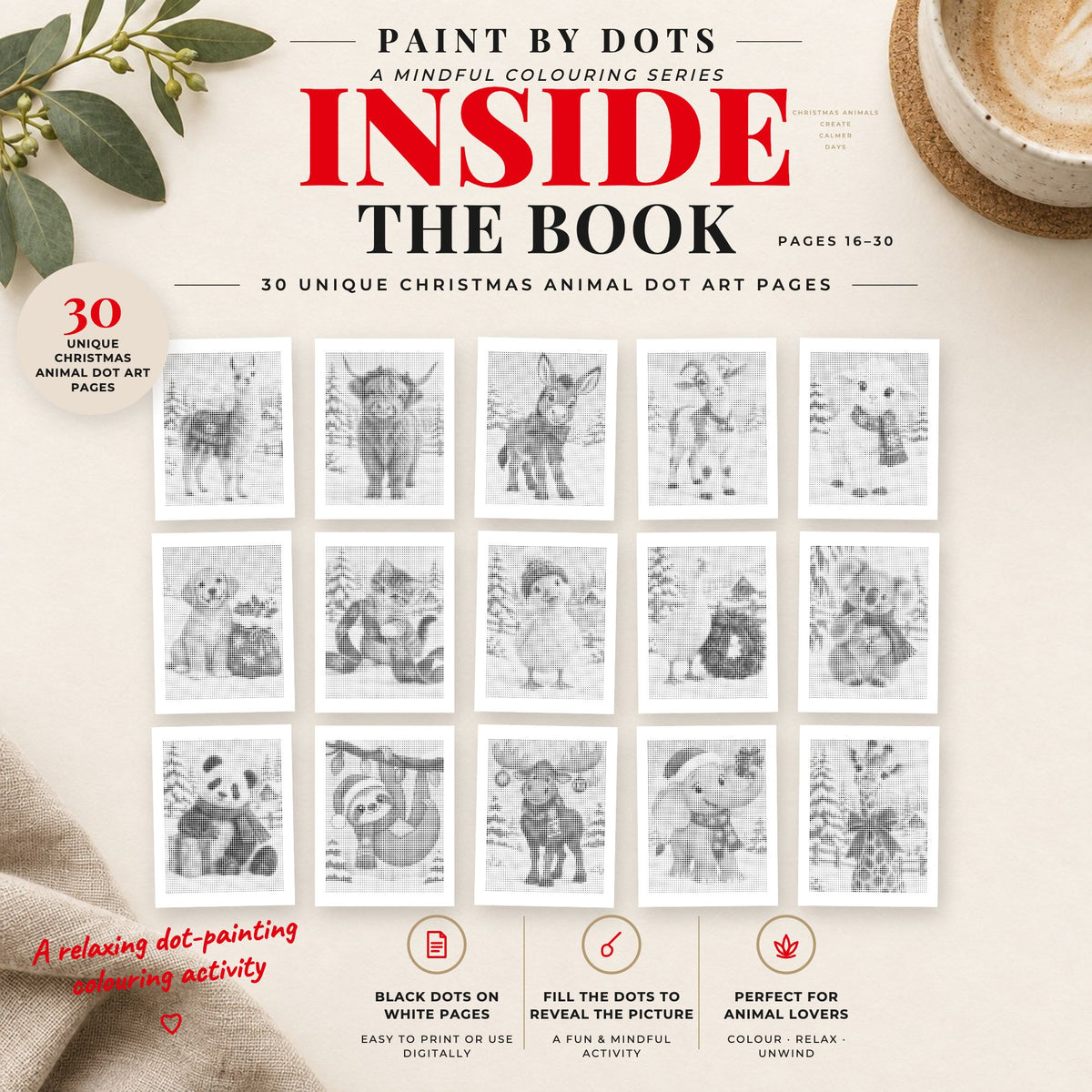 Preview of Christmas Animals printable dot painting designs, pages 16 to 30