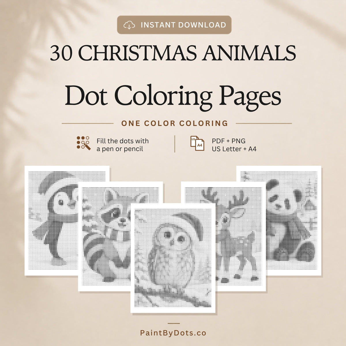 Christmas Animals dot painting digital download with 30 printable pages (dot painting)