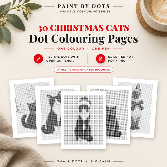 Christmas Cats dot colouring pages cover with 30 printable dot painting designs