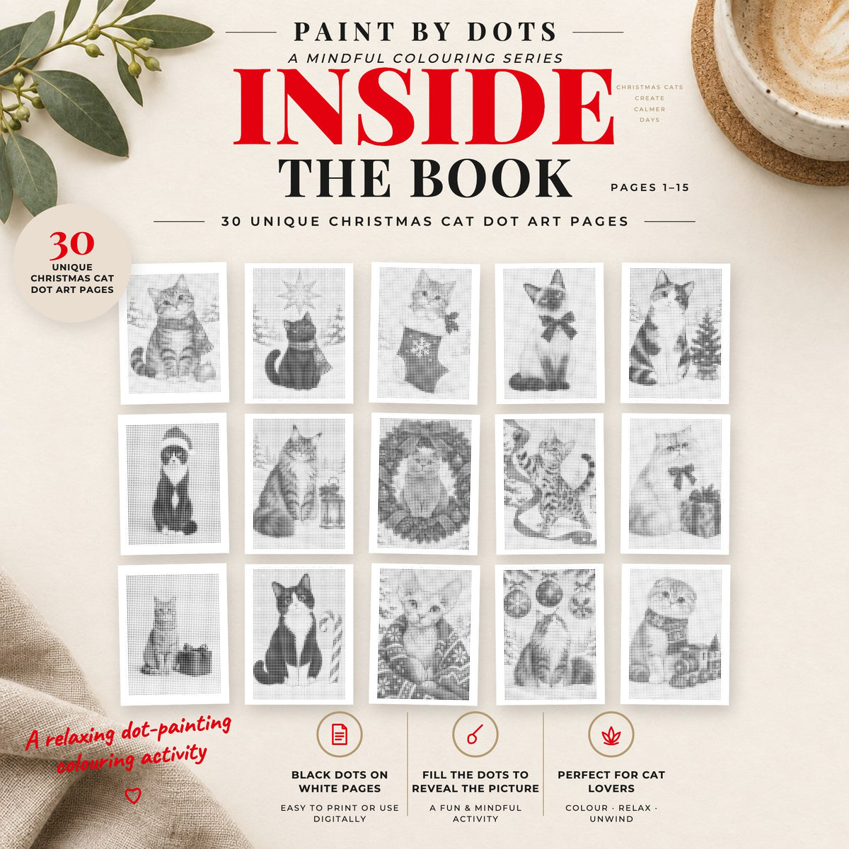Preview of Christmas Cats printable dot painting designs, pages 1 to 15