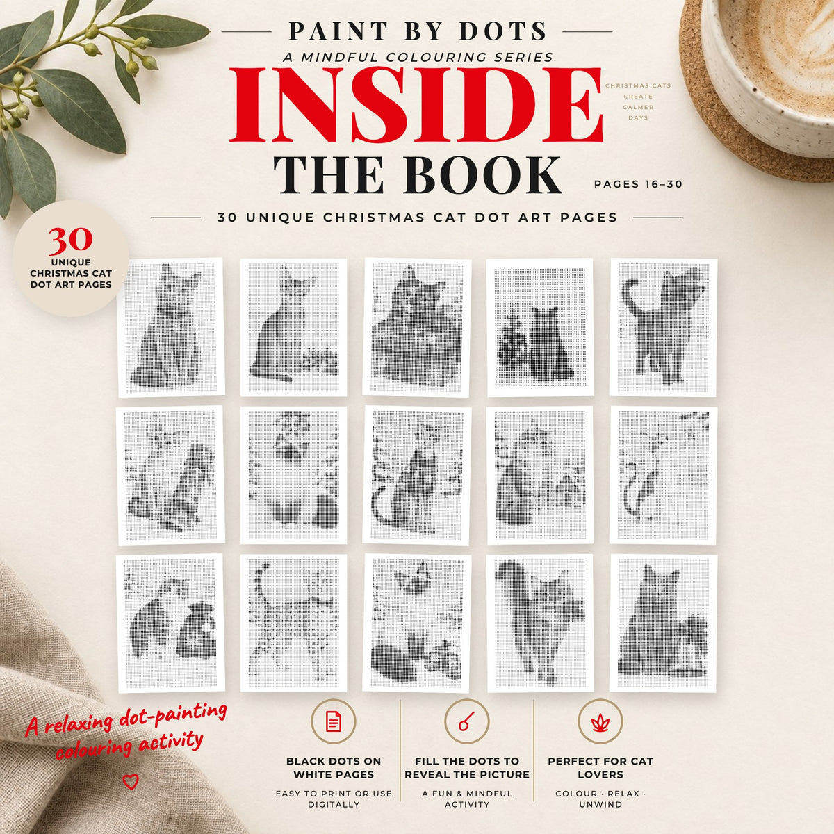 Preview of Christmas Cats printable dot painting designs, pages 16 to 30