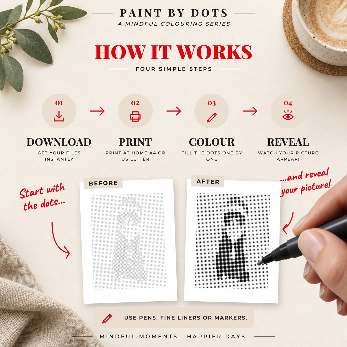 How to download, print and fill the circles in the Christmas Cats dot painting book