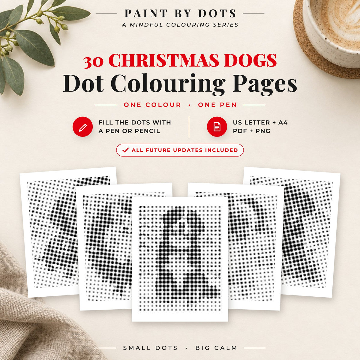 Christmas Dogs dot colouring pages cover with 30 printable dot painting designs
