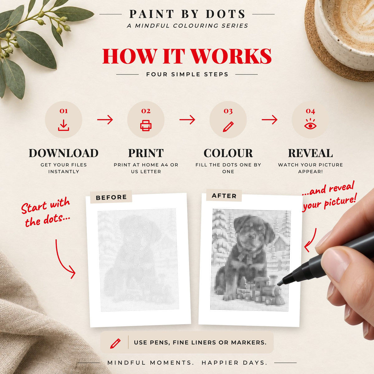 How to download, print and fill the circles in the Christmas Dogs dot painting book