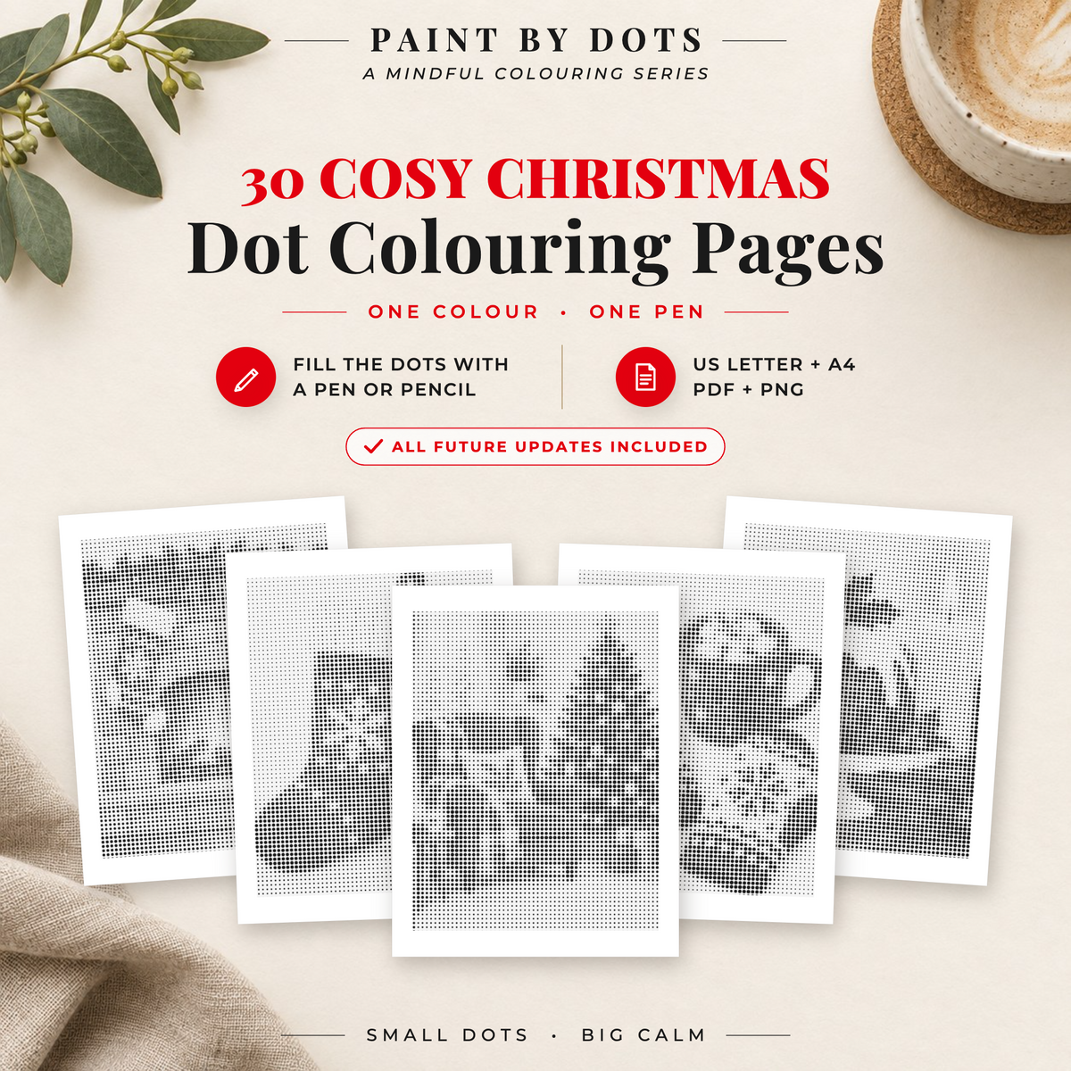 Cosy Christmas dot colouring pages cover with 30 printable Christmas dot painting designs