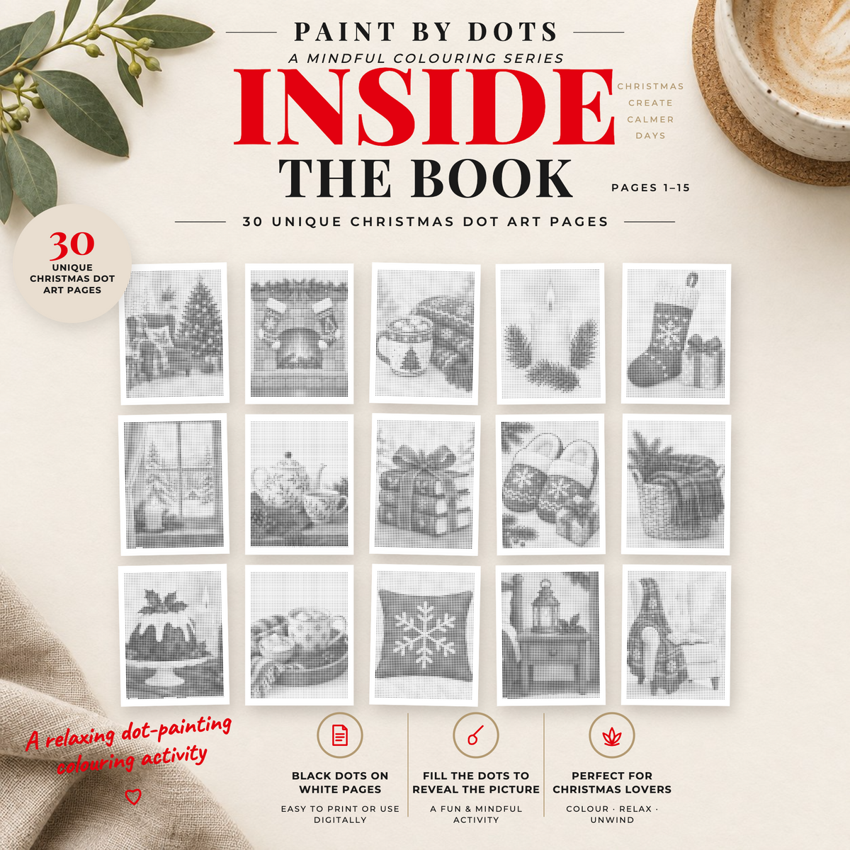 Preview of Cosy Christmas printable dot painting designs, pages 1 to 15