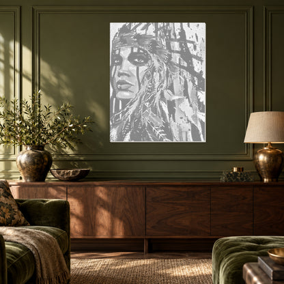 Desert Reverie woman portrait with a feathered headdress dot painting shown close up on an olive panelled wall above a walnut console.