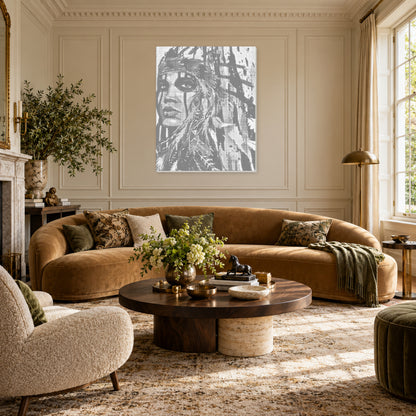 Desert Reverie woman portrait with a feathered headdress dot painting in a luxury ivory panelled living room with a camel velvet sofa.