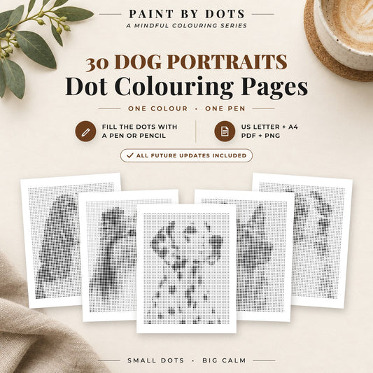 Dog Portraits dot colouring pages cover with 30 printable dot painting designs