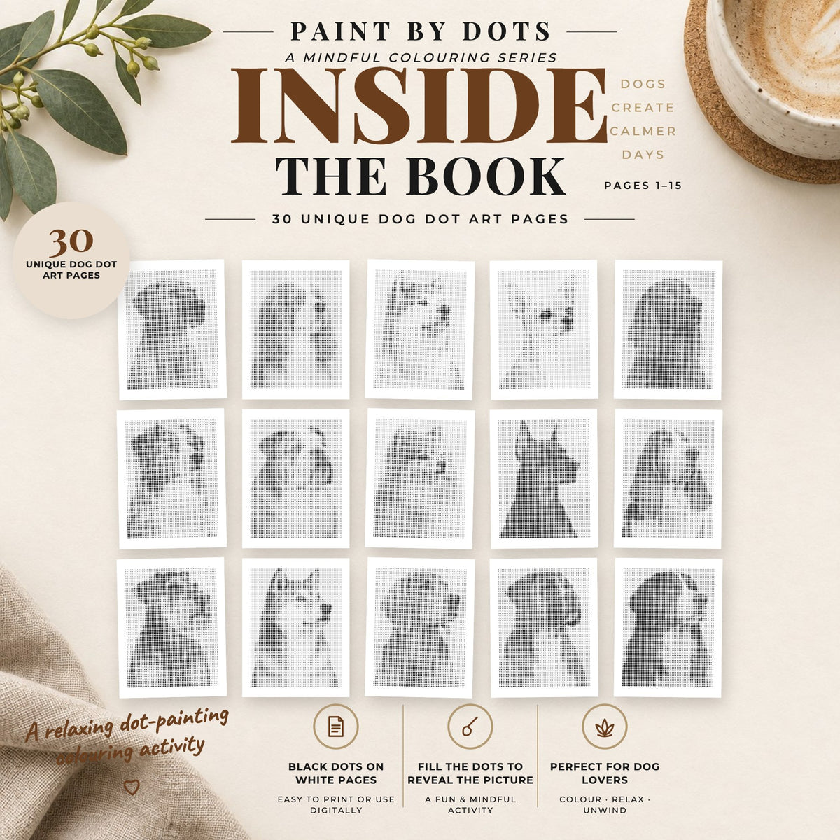 Preview of Dog Portraits printable dot painting designs, pages 1 to 15