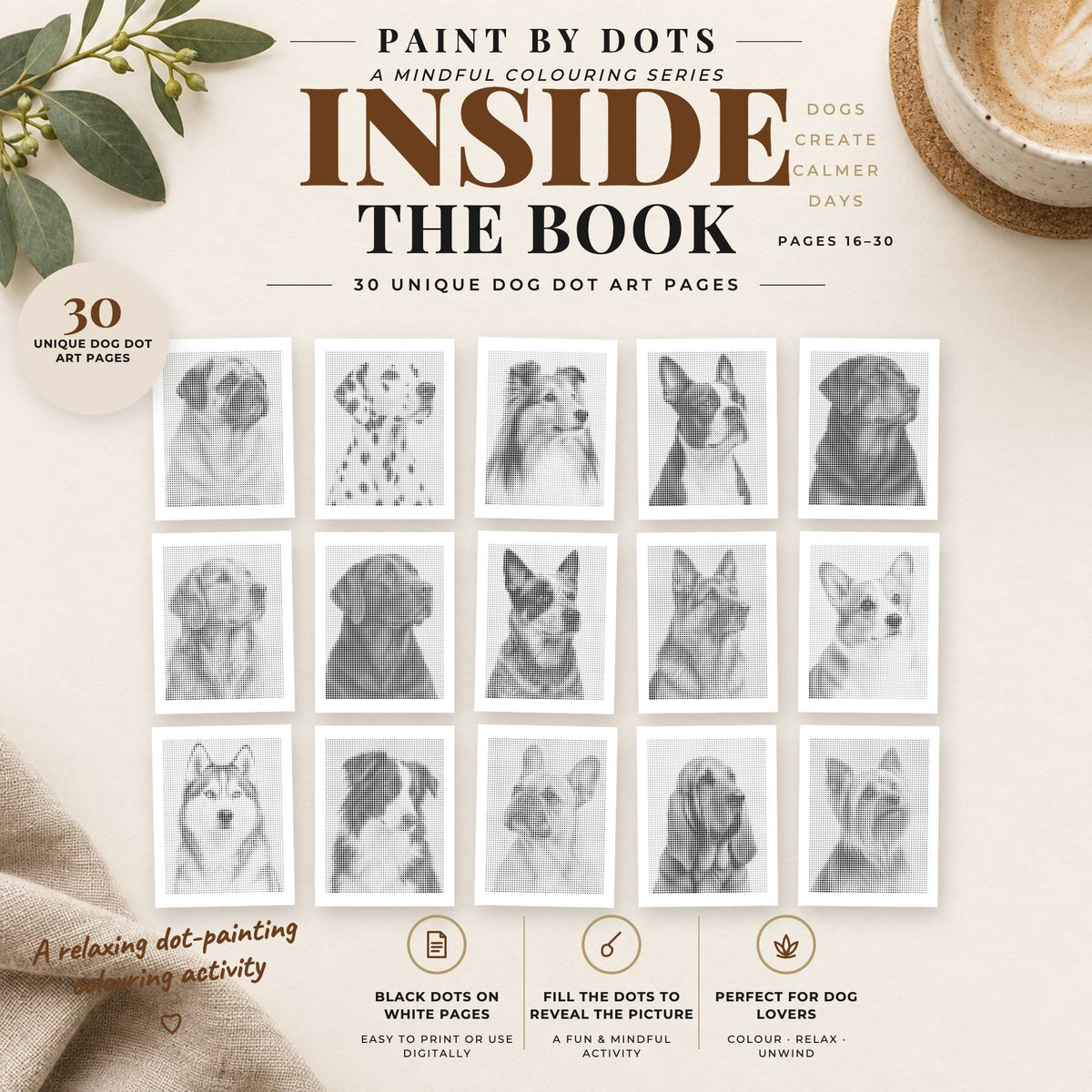 Preview of Dog Portraits printable dot painting designs, pages 16 to 30