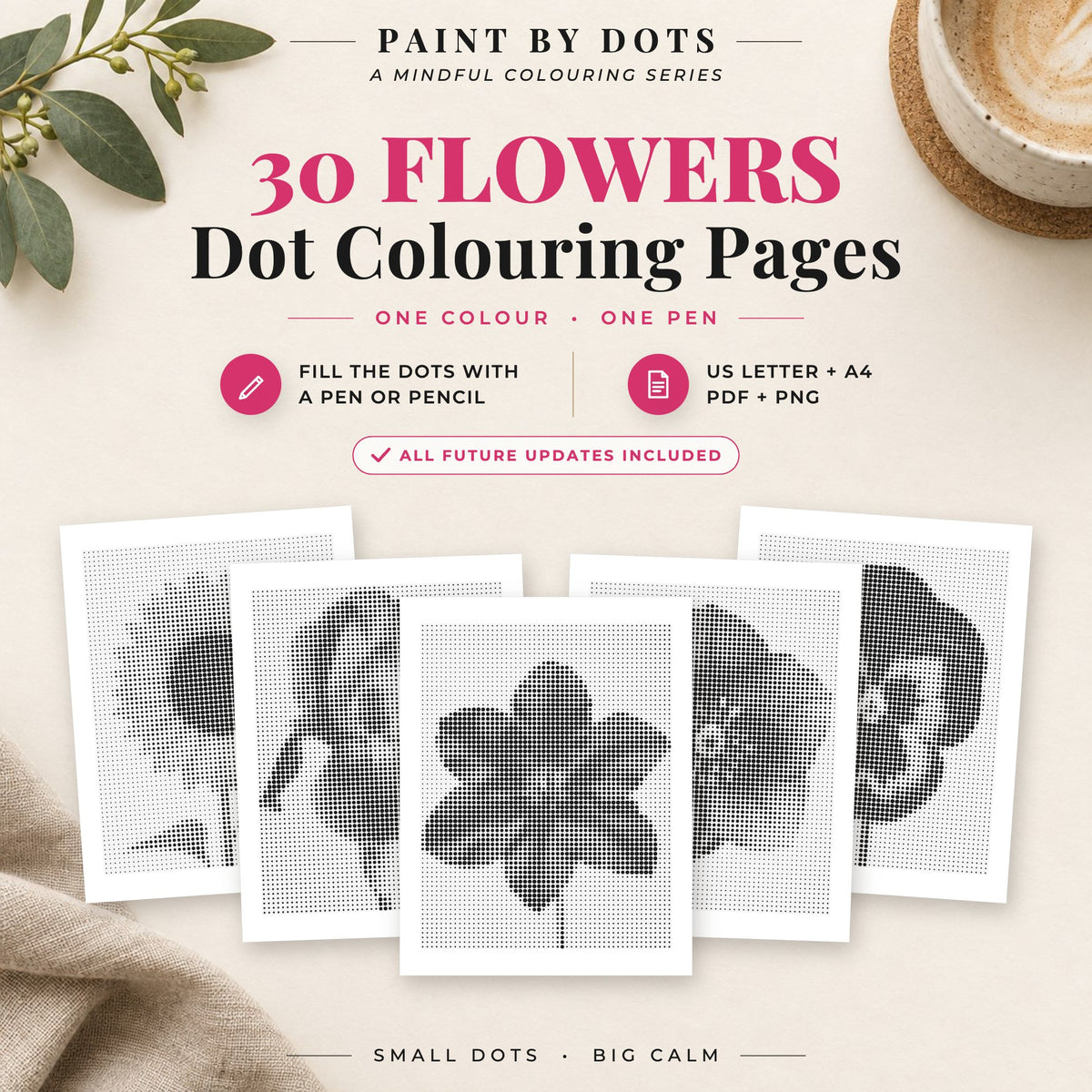 Flowers dot colouring pages cover with 30 printable dot painting designs