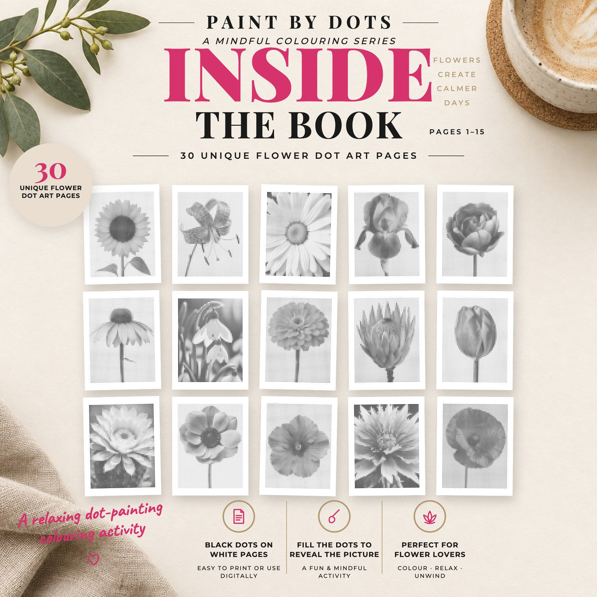Preview of Flowers printable dot painting designs, pages 1 to 15