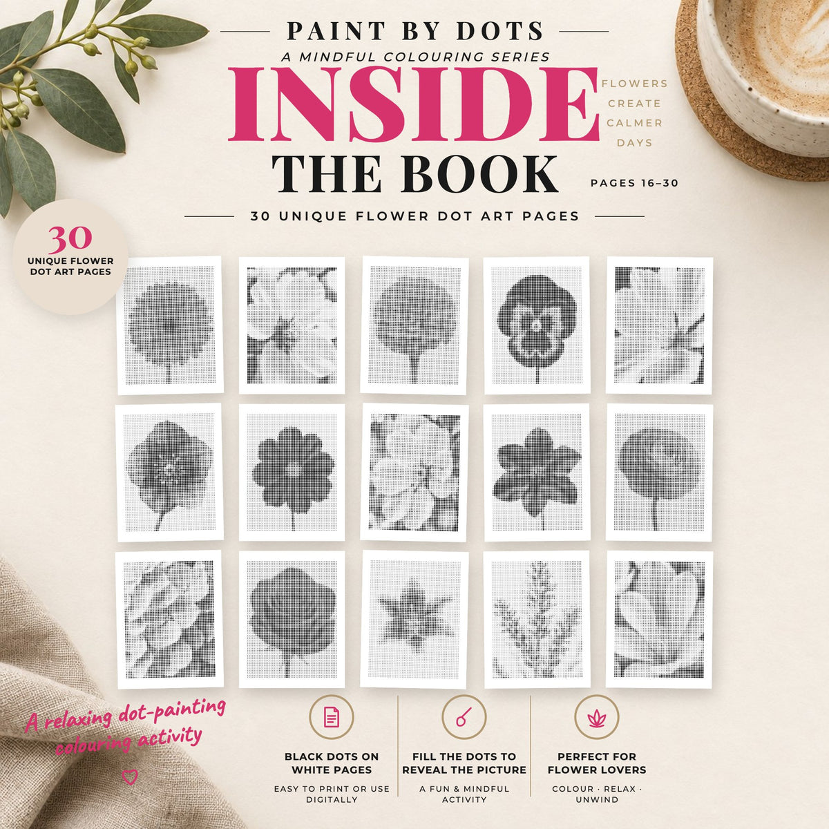 Preview of Flowers printable dot painting designs, pages 16 to 30