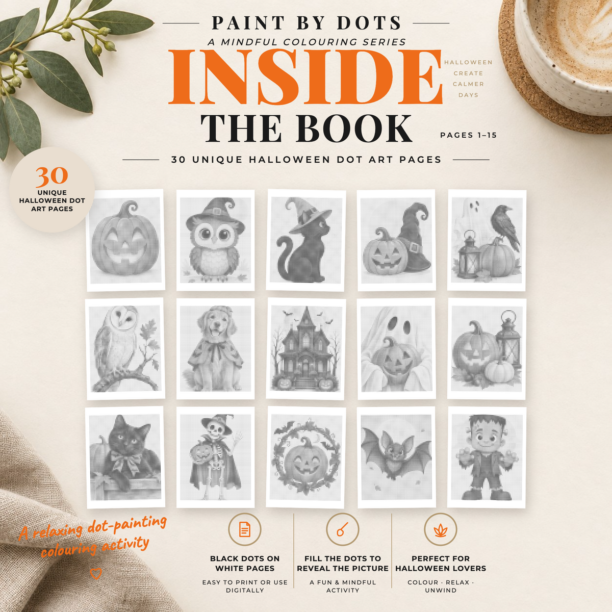 Halloween dot painting book preview of printable designs 1–15