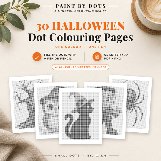 Halloween dot painting book cover with 30 printable designs in PDF and PNG, A4 and US Letter