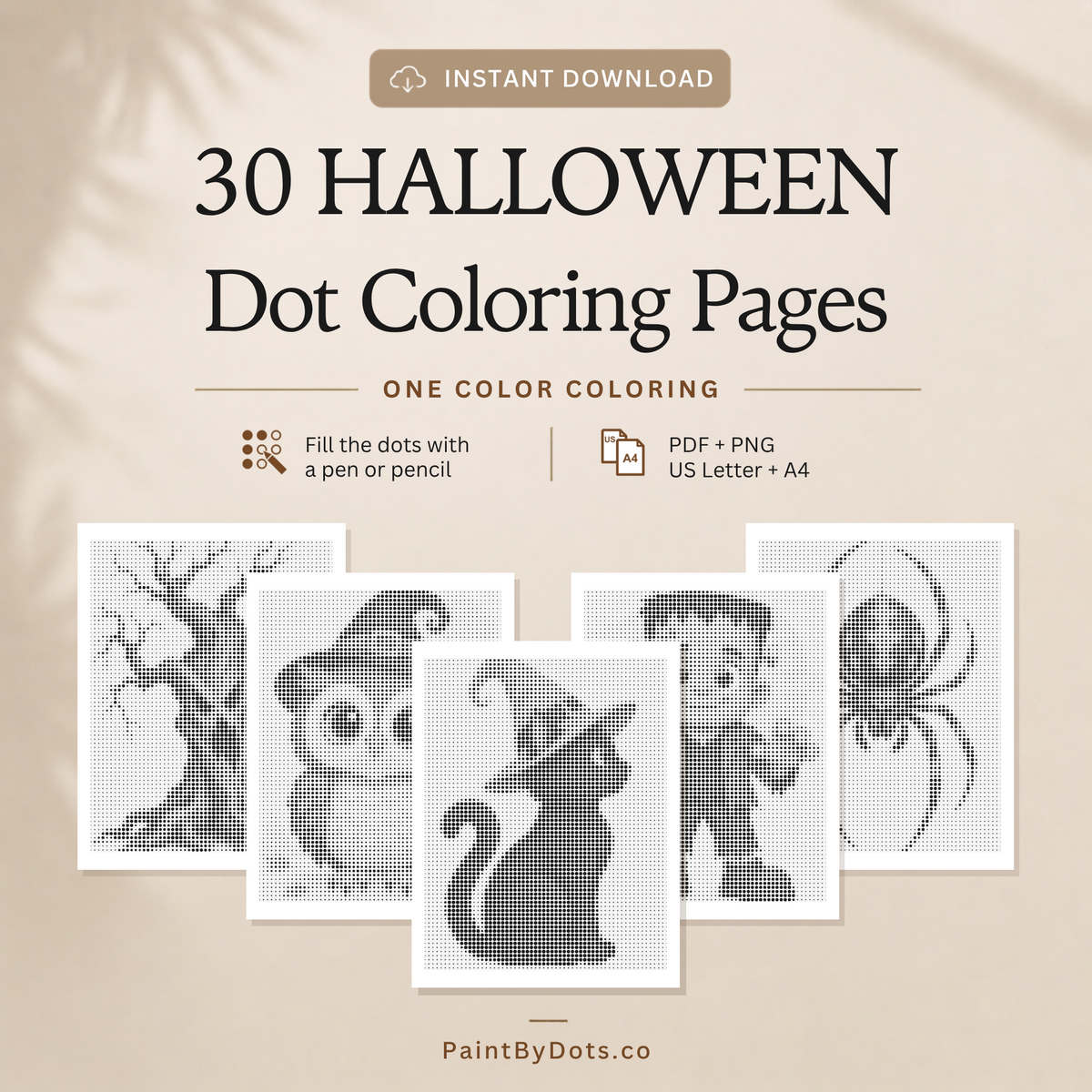 Halloween dot painting book cover with 30 printable designs in PDF and PNG