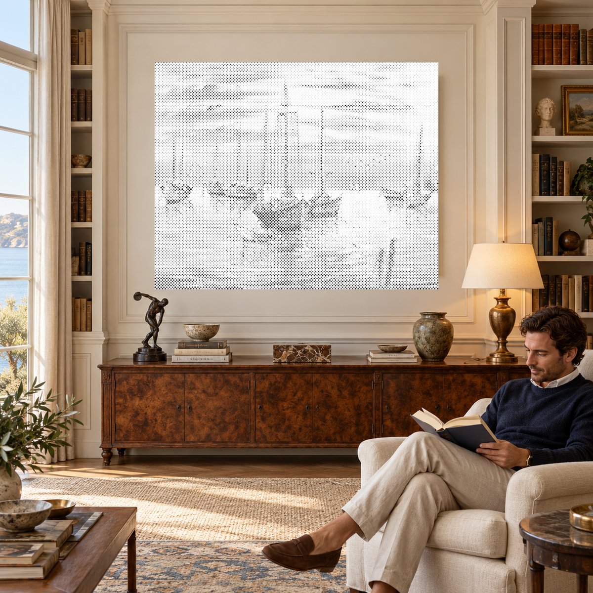 Harbour of Dreams sailboat dot painting in a luxurious panelled library, with a man seated nearby reading a book.