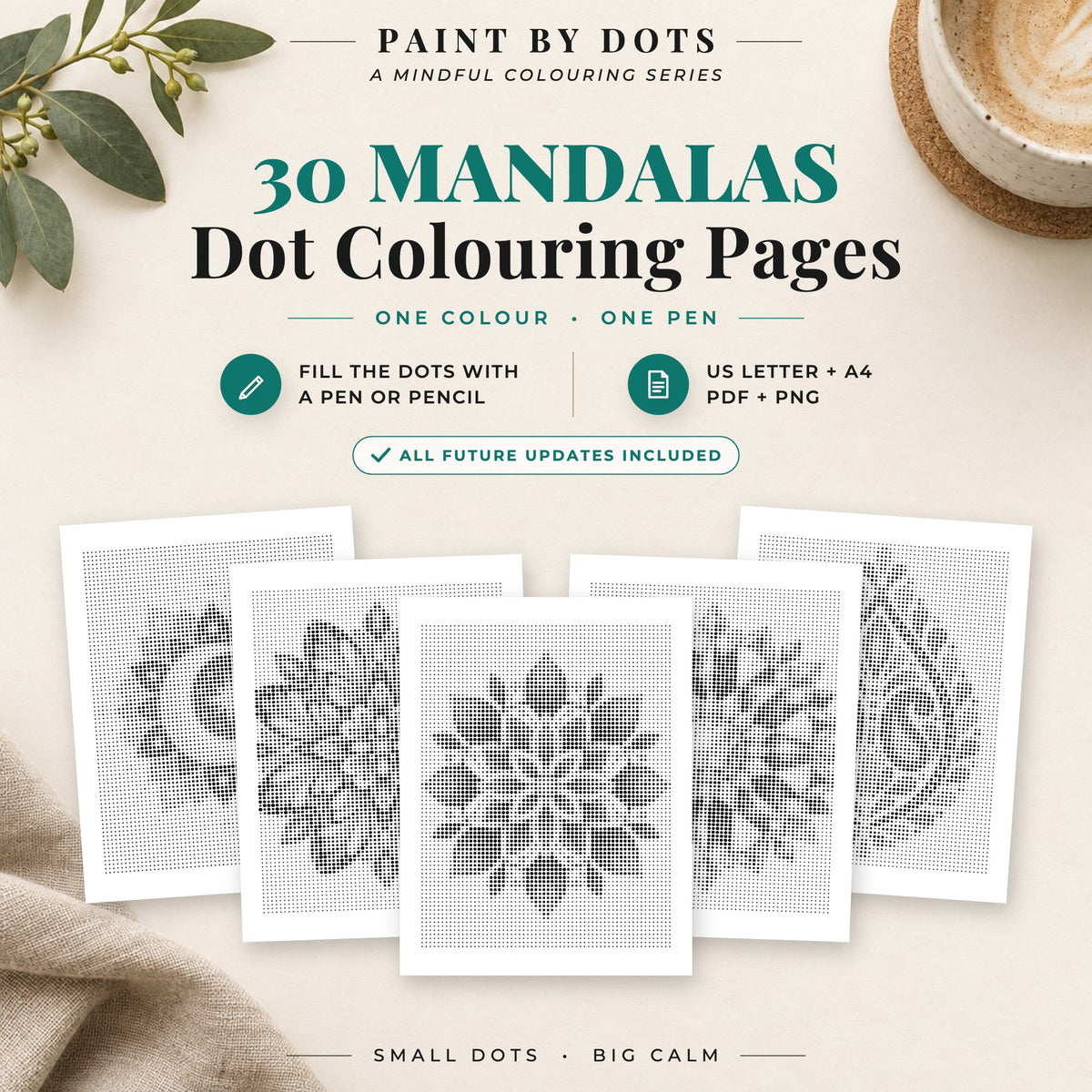 Mandala dot colouring pages cover with 30 printable dot painting designs