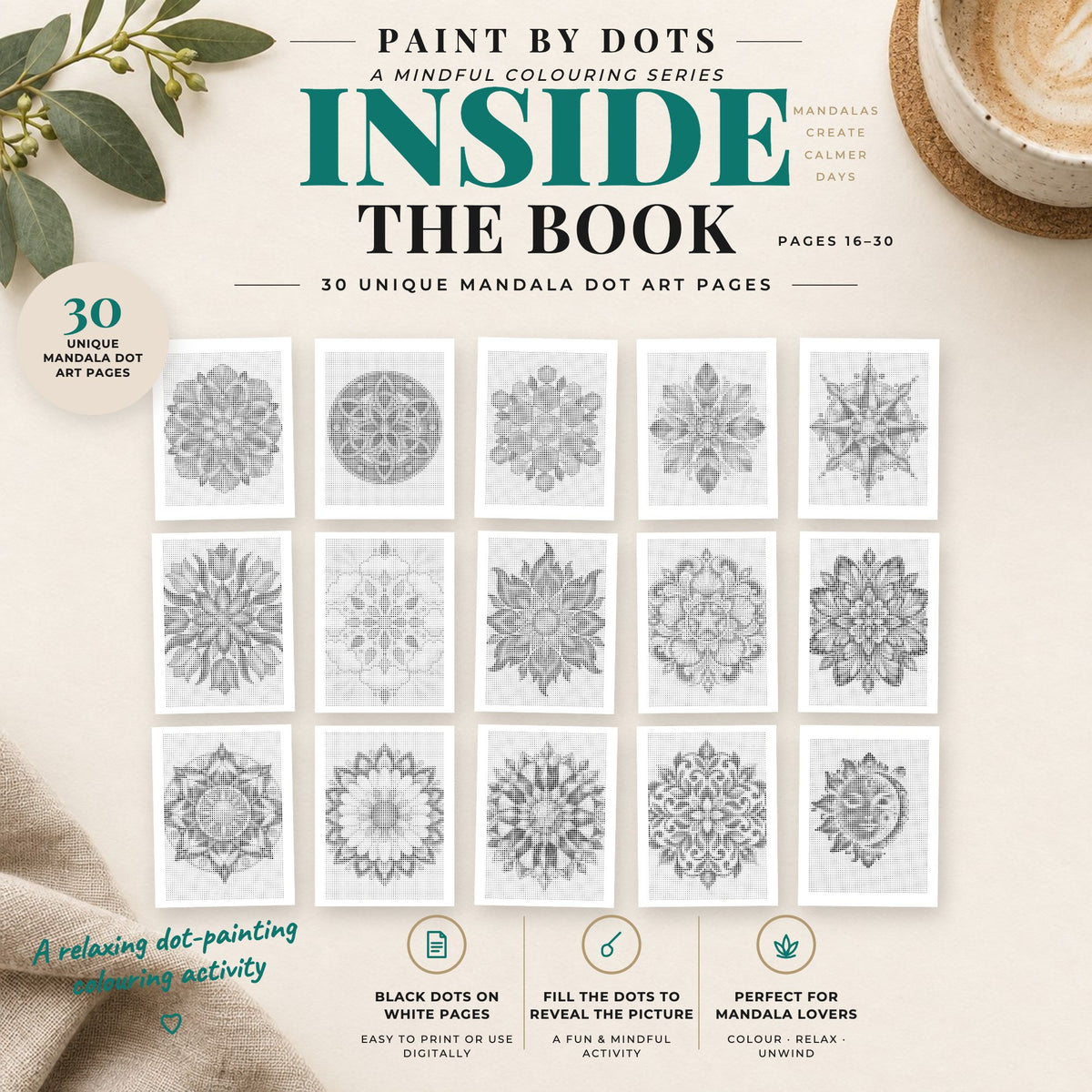 Preview of Mandala printable dot painting designs, pages 16 to 30