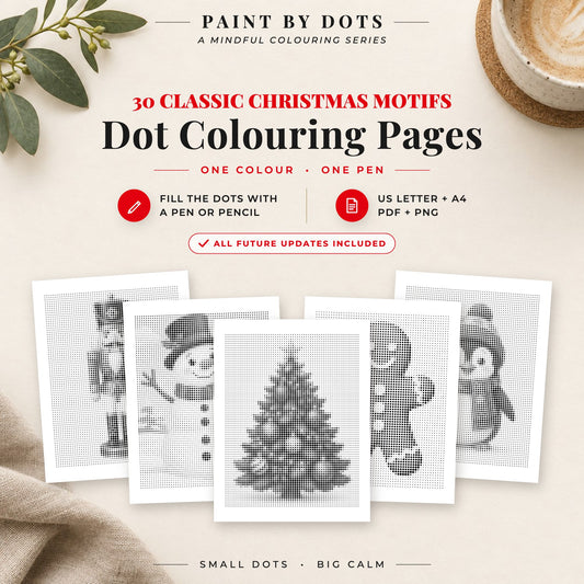 Easy Christmas dot colouring pages cover with 30 printable dot painting designs
