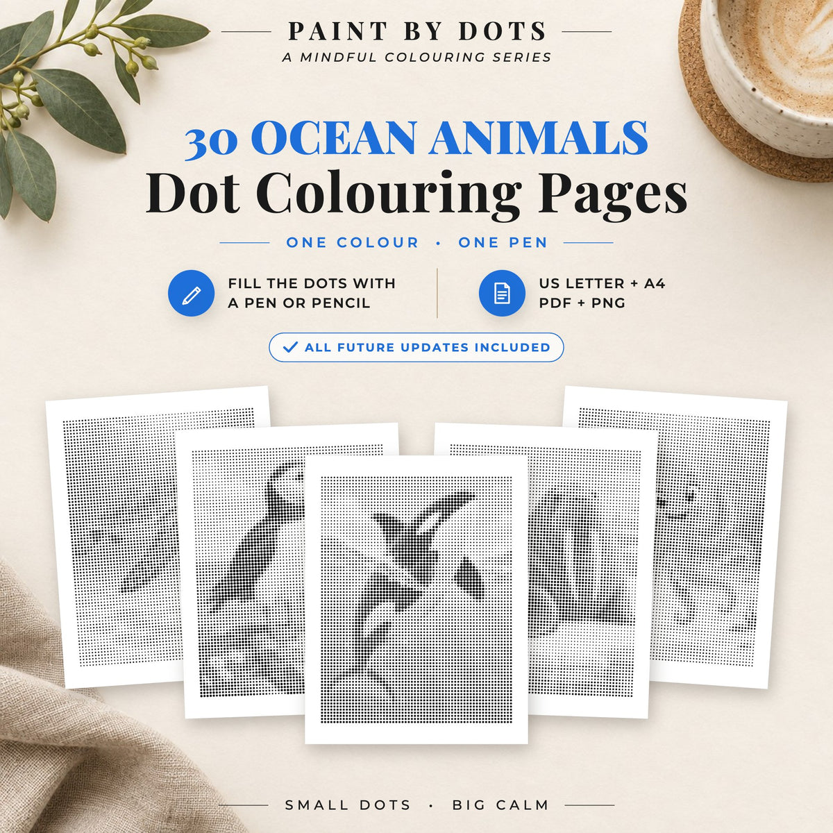 Ocean Animals dot colouring pages cover with 30 printable dot painting designs