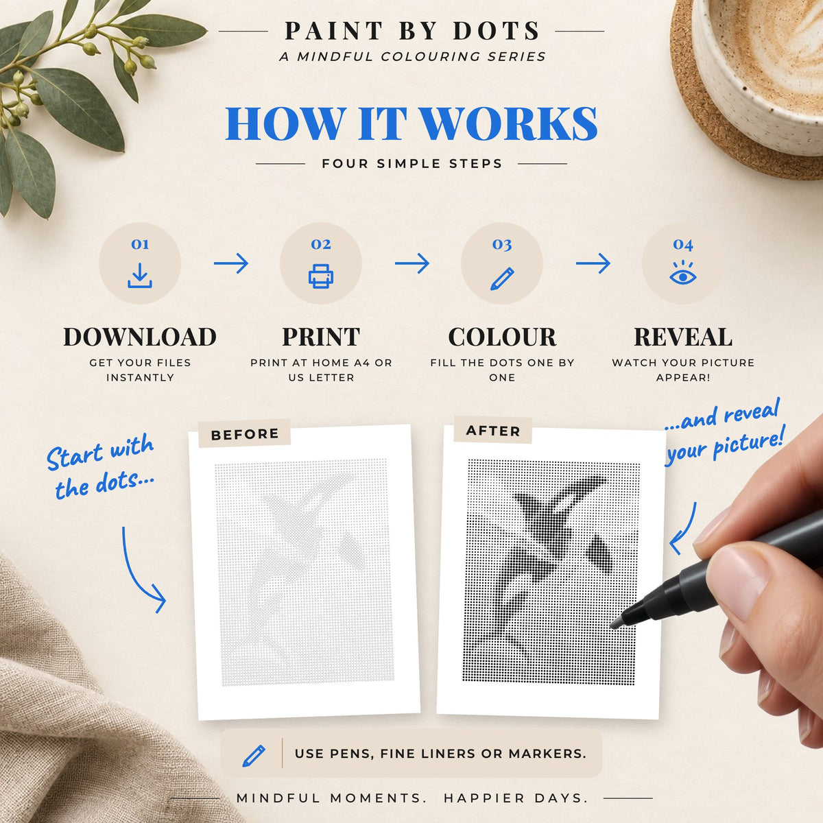 How to download, print and fill the circles in the Ocean Animals dot painting book