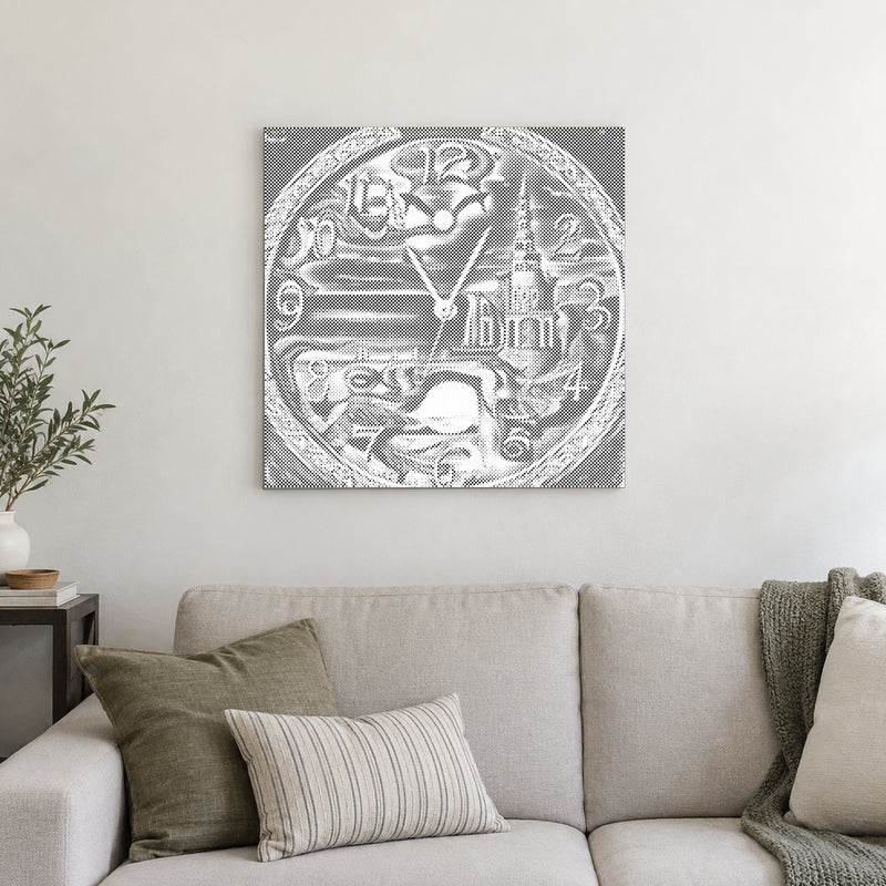 Dot-painting canvas “Abstract Wall Clock”, displayed on a light wall in a softly lit room.