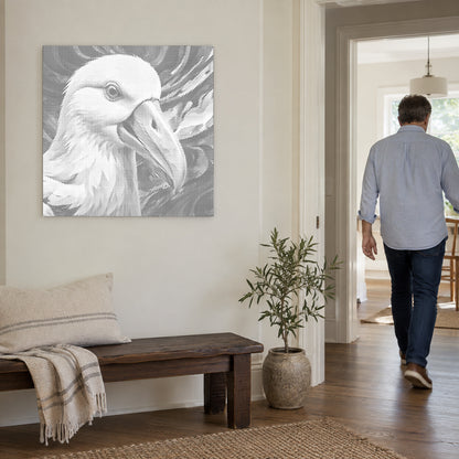 Dot-painting canvas “Albatross”, on a light wall with a person walking through the doorway nearby.