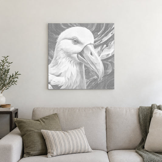 Dot-painting canvas “Albatross”, displayed on a light wall in a softly lit room.