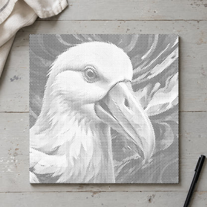 Dot-painting canvas “Albatross”, seen from above on a worktable in soft daylight.