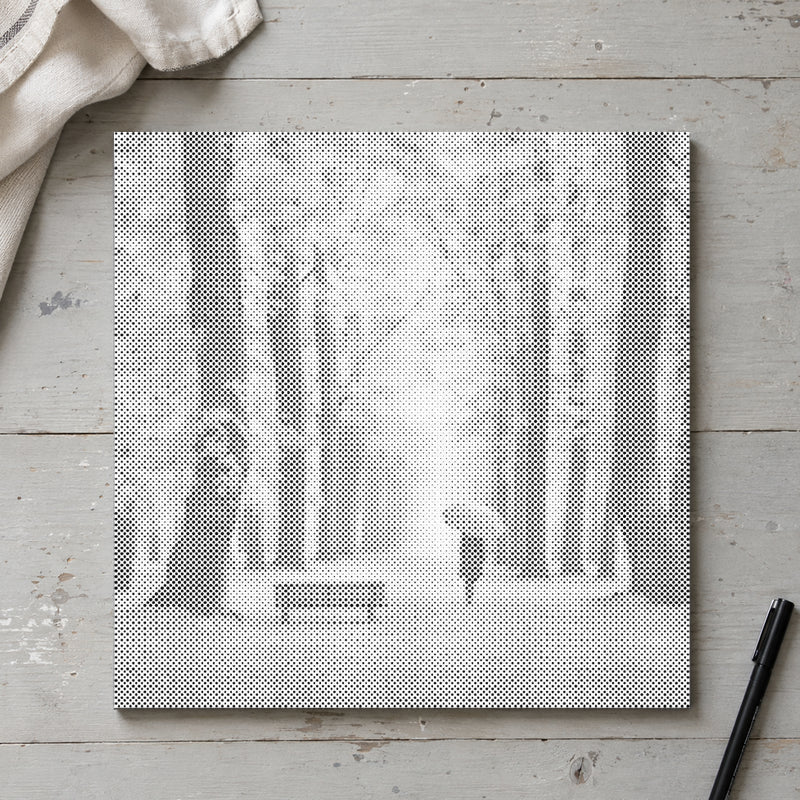 Dot-painting canvas “Autumn Forest”, seen from above on a worktable in soft daylight.