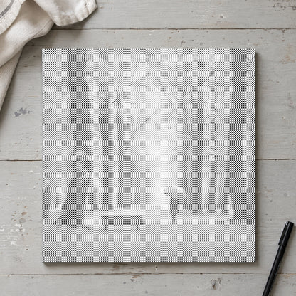 Dot-painting canvas “Autumn Forest”, seen from above on a worktable in soft daylight.