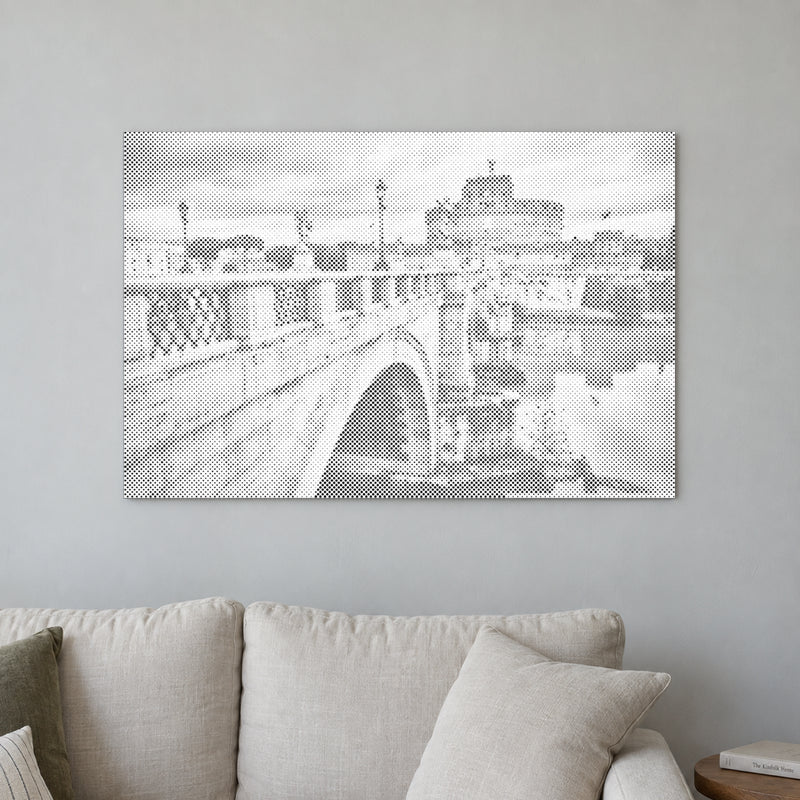 Dot-painting canvas “Castel Sant Angelo Rome”, displayed on a light wall in a softly lit room.